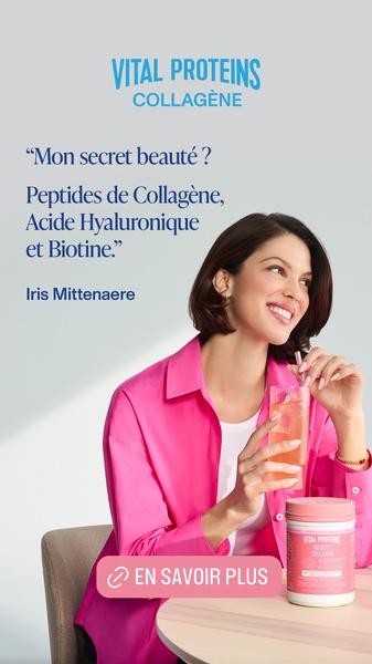 A 9:16 portrait ad featuring influencer Iris Mittenaere holding a jar of beauty collagen and sharing her personal beauty routine.
